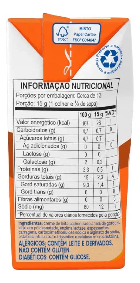 Creme de Leite UHT Homogeneizado Zero Lactose Caixa 200g Piracanjuba — imagem 3