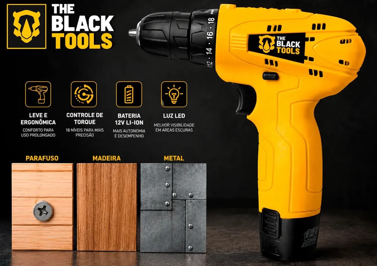 Parafusadeira Furadeira The Black Tools TB12A 3/8 a Bateria Cor Amarelo Frequência 60Hz — imagem 5