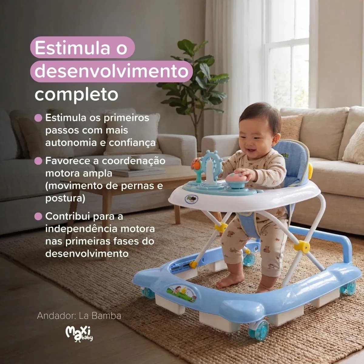 Andador Infantil Musical Para Bebê Empurrador Compacto 3 Ajustes de Altura La Bamba Maxi Baby - azul — imagem 6