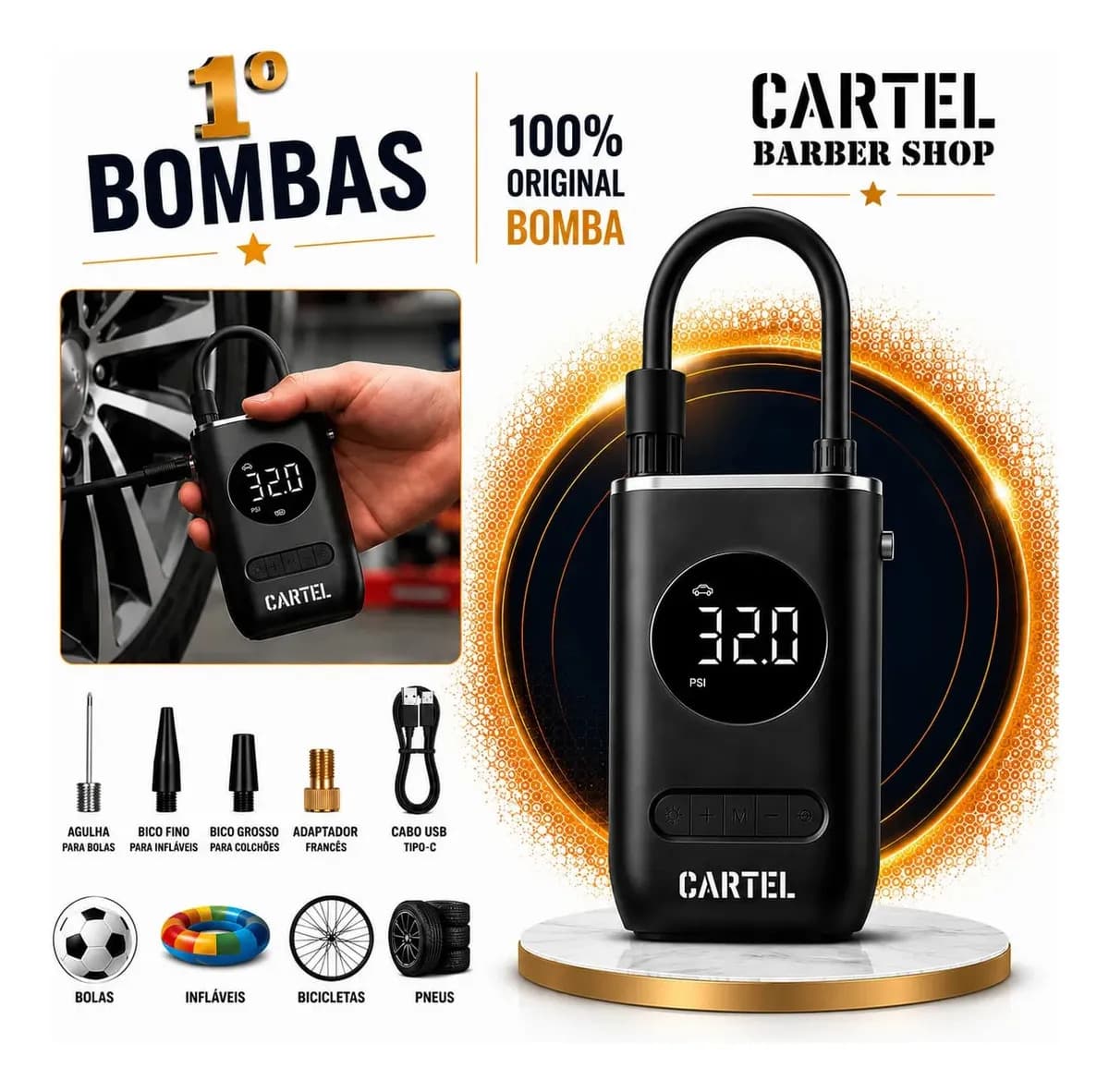 Mini Compressor Digital Portátil Cartel Barber Shop para Carro Moto e Bicicleta com Calibrador Digital Inflador Elétrico de Pneus 12V Display LCD Lanterna LED C
