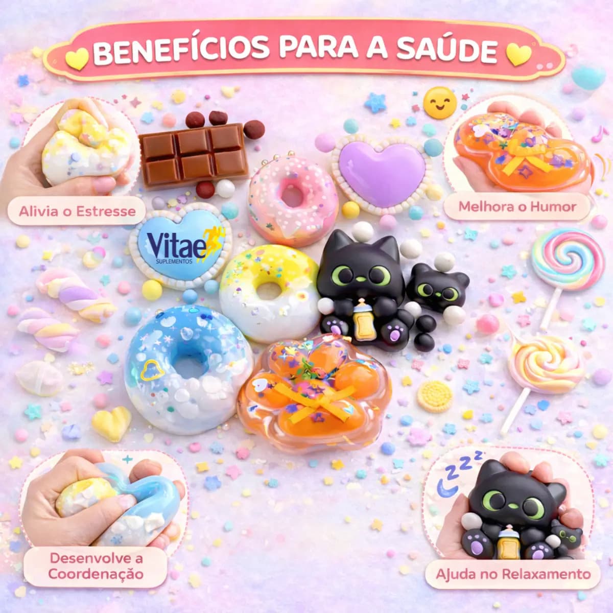 Kit 3 Taba Squishy Alívio Estresse Apertar Anti-stress Kawaii Tiktok De Apertar Gatinho, Chocolate, Donuts, Coração Sortidos Vitae S — imagem 3