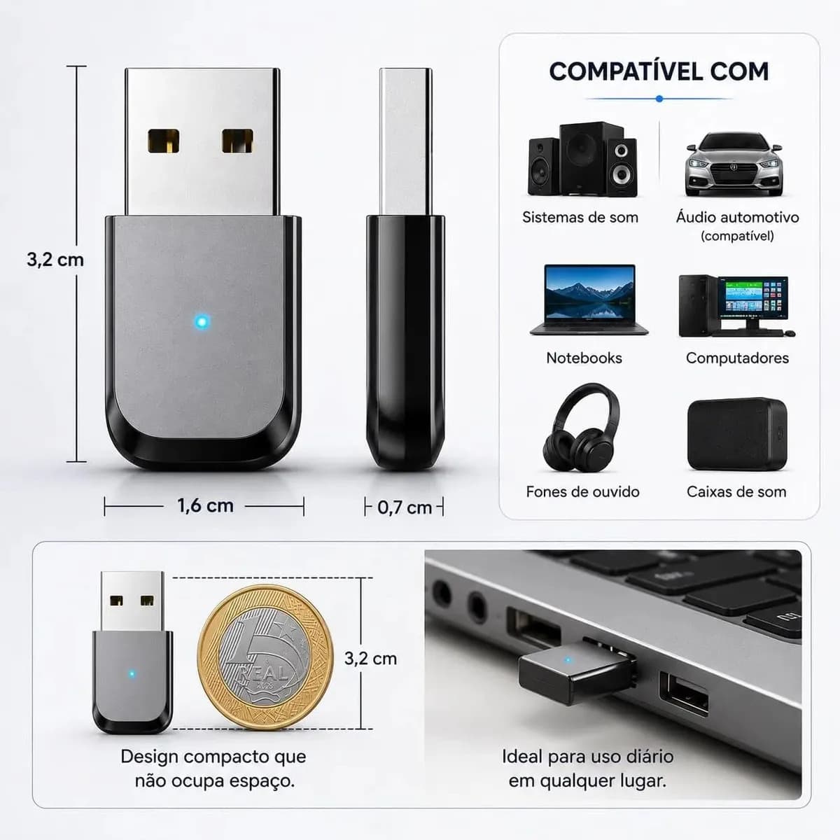 Adaptador Receptor Bluetooth Usb Carro Musica Chamada S/fio B Basto — imagem 3