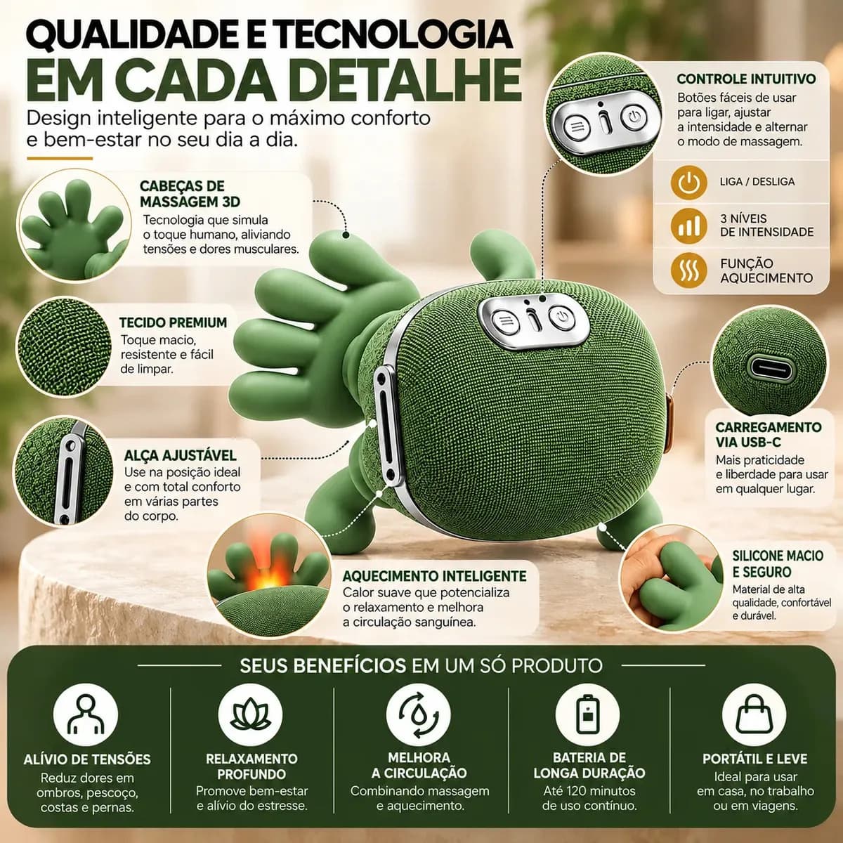 Massageador Elétrico VLX Maozinha Deep 3D Recarregável, para Pescoço e Ombros com Calor — imagem 3