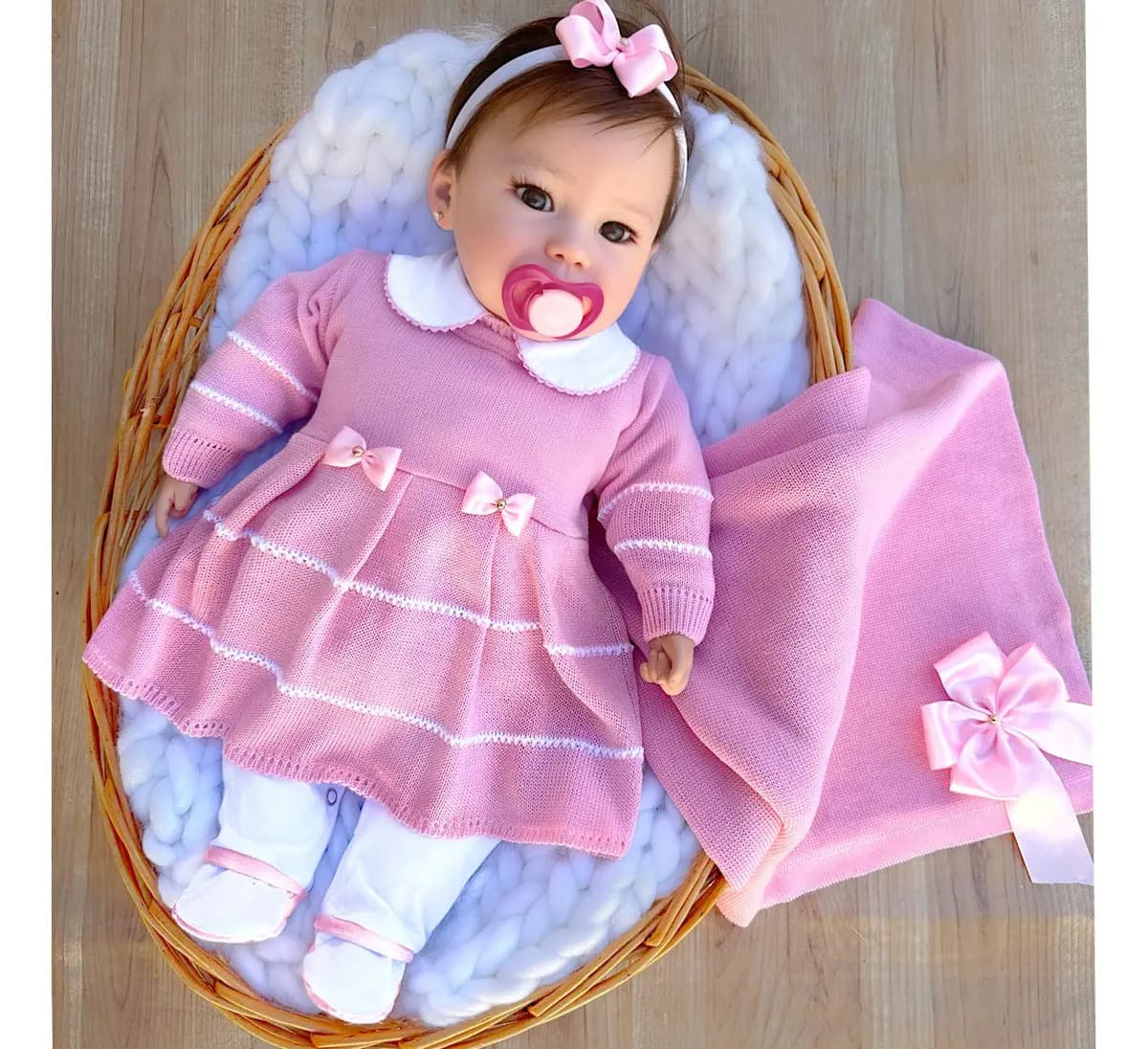 Saída De Maternidade Em Tricô Rosa Bebê Rosa 0 A 3 Meses — imagem 3