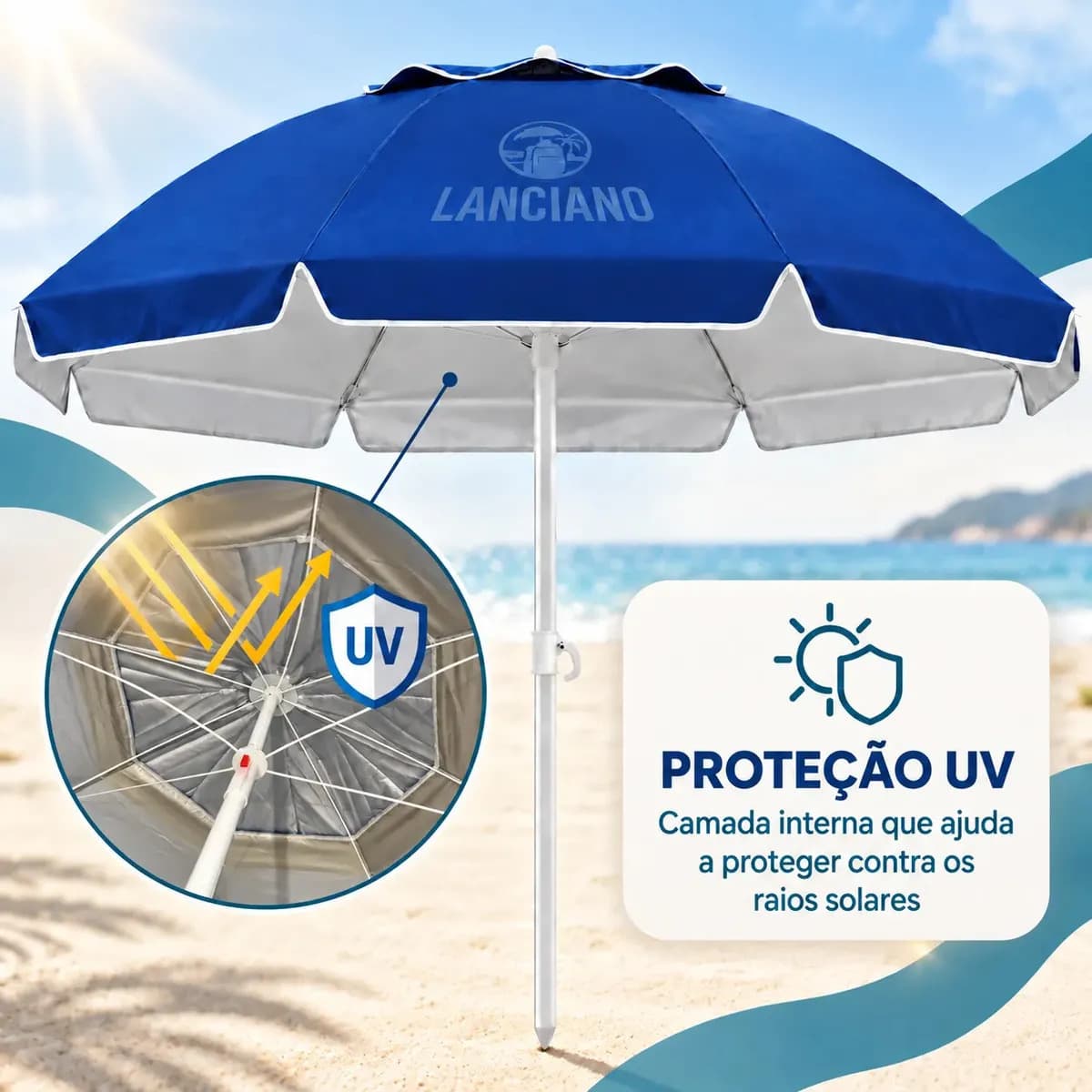 Guarda Sol Praia Grande Gigante 2,40m Proteção UV Corta Vento Respirável Altura Ajustável Verão Piscina Camping Pesca Cor Azul — imagem 4