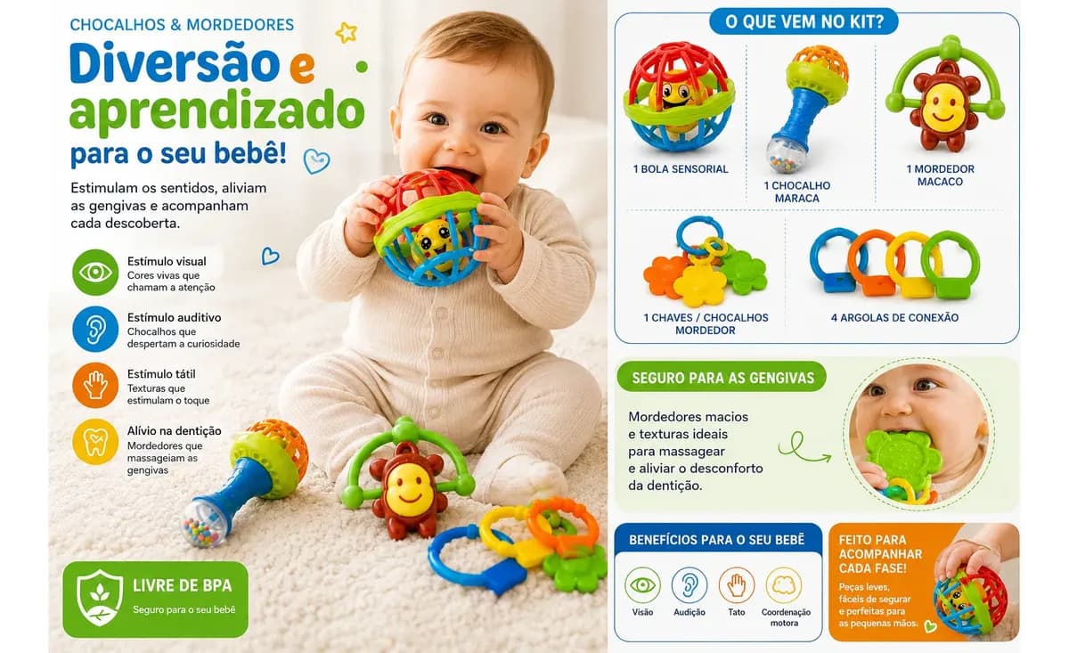 Kit Chocalhos E Mordedores Sensoriais Para Bebê Com 8 Peças Coloridas — imagem 2