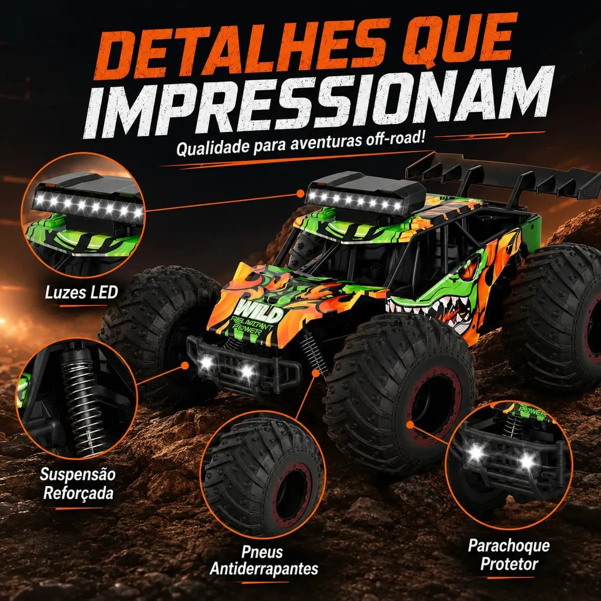 Carrinho Controle Remoto 2.4Ghz Off Road Monster Truck Alta Velocidade 25km/h Resistente Super Rápido Recarregavel Com 2 Baterias Kizumba — imagem 4