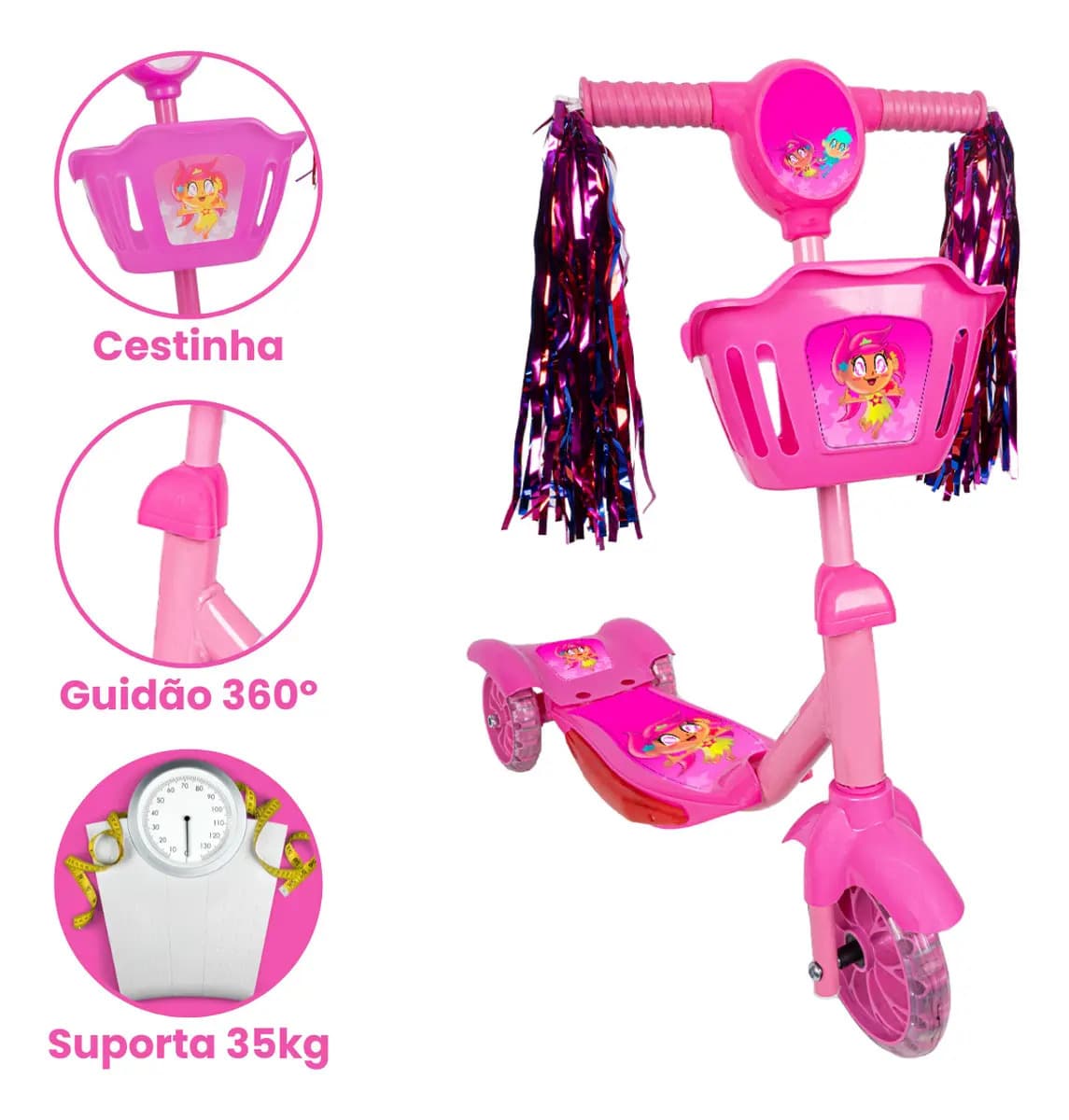 Patinete Infantil 3 Rodas Com Led Som E Cesta Menino Menina Cor Rosa — imagem 4
