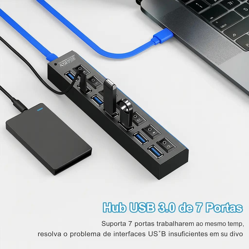 Hub Usb Com 7 Portas Ultra Rápido Para Pen Drive E Hd 3.0 5Gbps Alta Velocidade De Dados Turbo Usb Marca Ex Decor — imagem 6