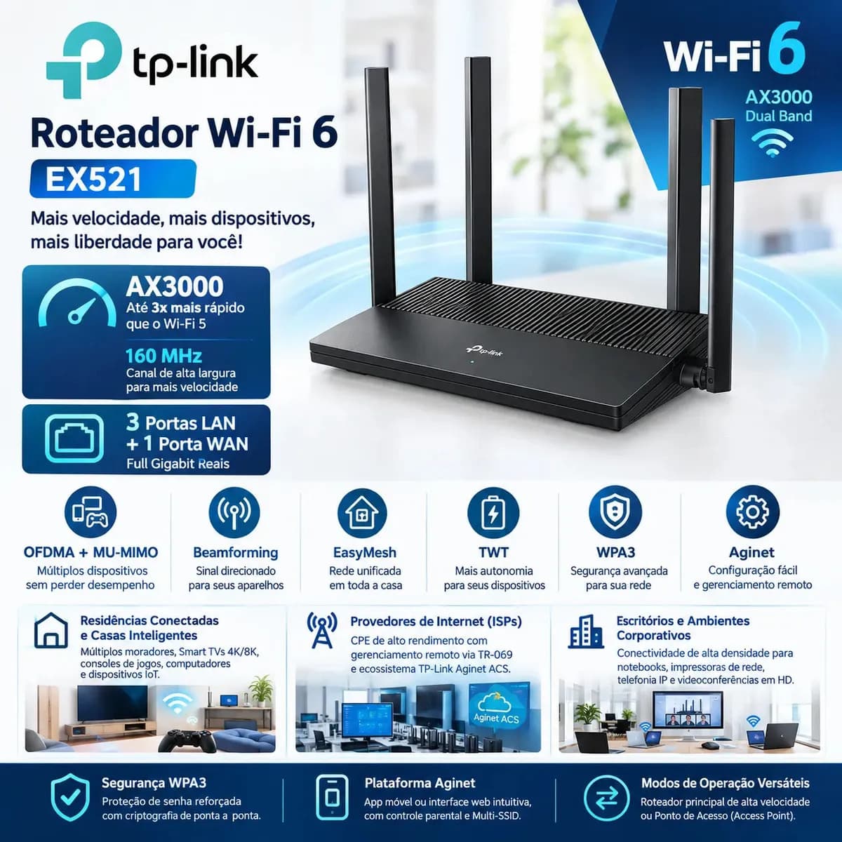 Roteador TP-Link Aginet EX521 Wi-Fi 6 AX3000 Gigabit Dual Band Com EasyMesh — imagem 4