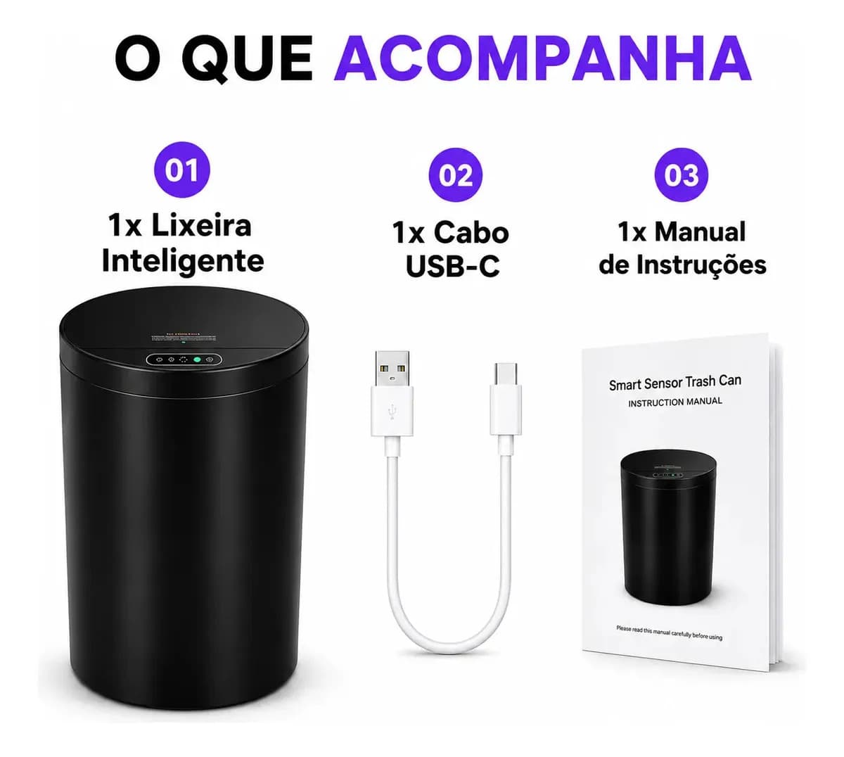 Lixeira Inteligente Automática Redonda Recarregável USB‐C Sensor para Cozinha Banheiro Escritório — imagem 6