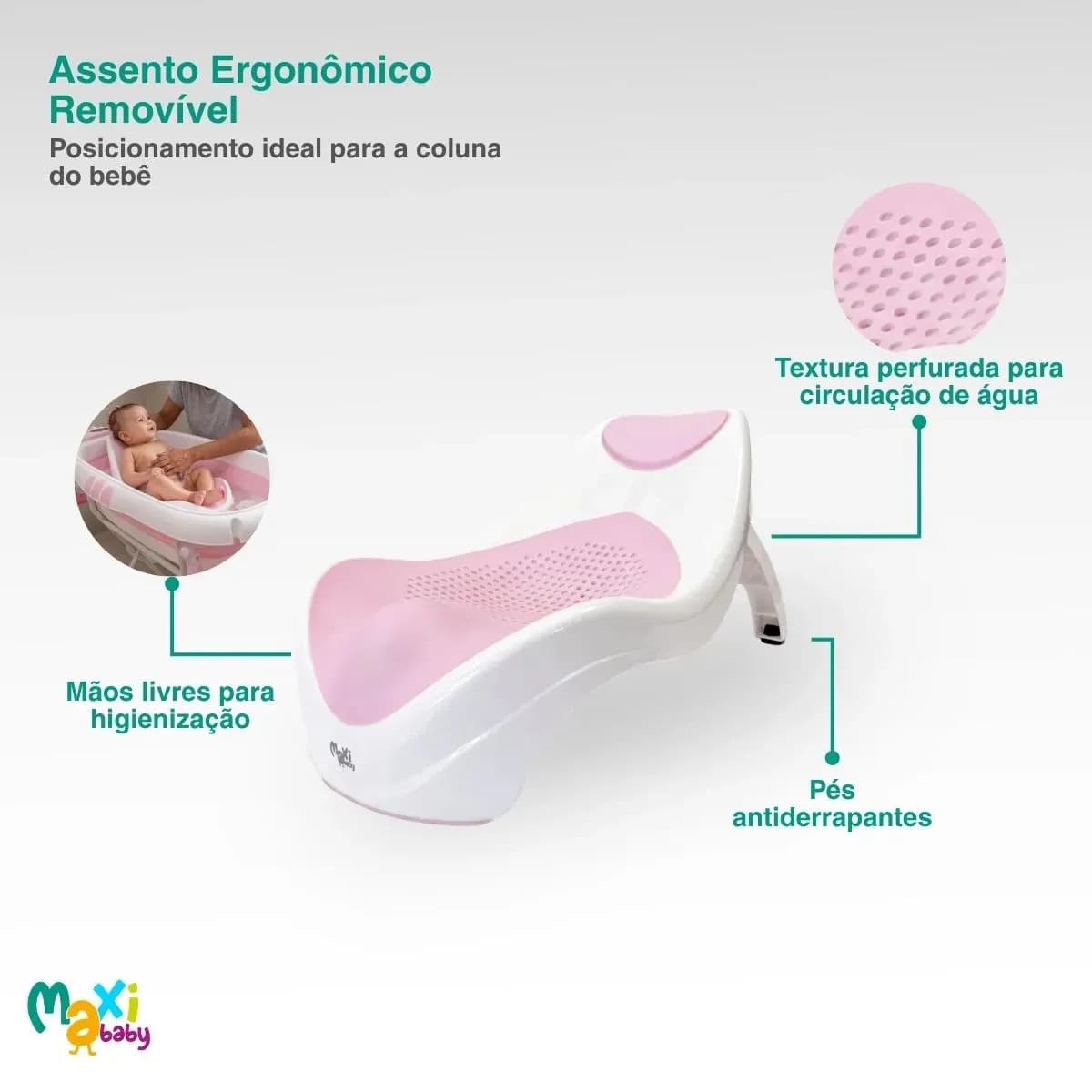 Banheira Bebê Dobrável Com Suporte Redutor Assento E Termômetro Embutido Até 20kg Melon Maxi Baby - Rosa — imagem 4