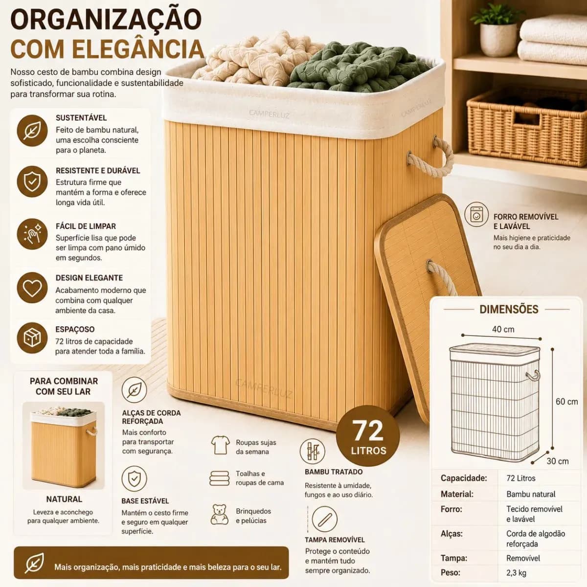 Cesto Organizador De Roupa Bambu Dobrável Retangular Com Tampa Forro e Alças 72 Litros Grande Capacidade Reforçado Caixa Organizadora para Brinquedos - Marca Ma — imagem 5