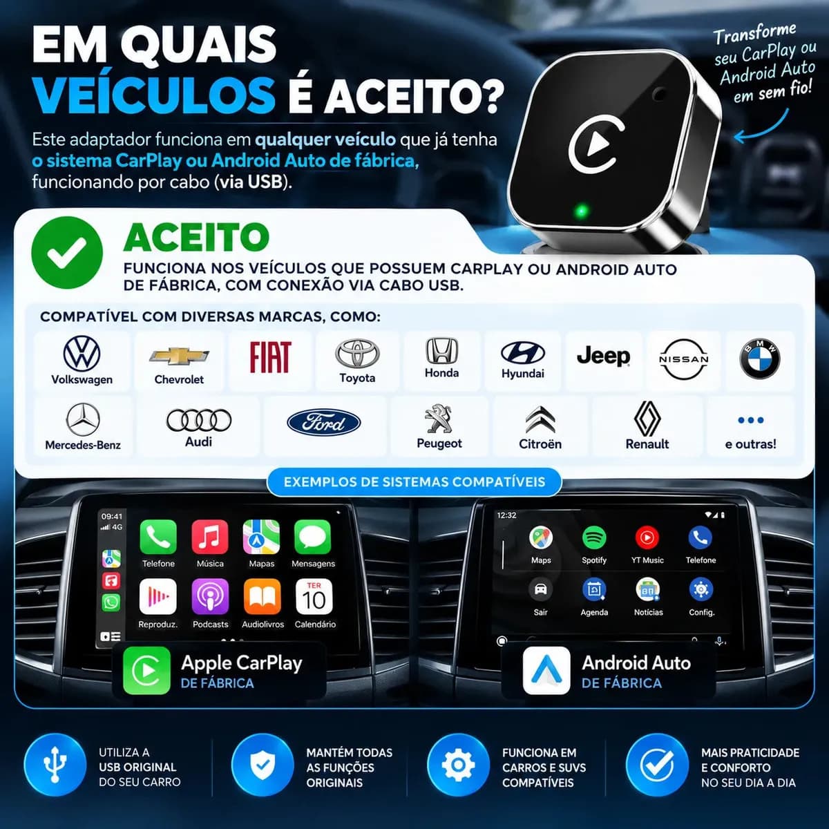 Adaptador CarPlay e Android Auto Sem Fio para Multimídia Landara 2 em 1 Com Bluetooth USB — imagem 2
