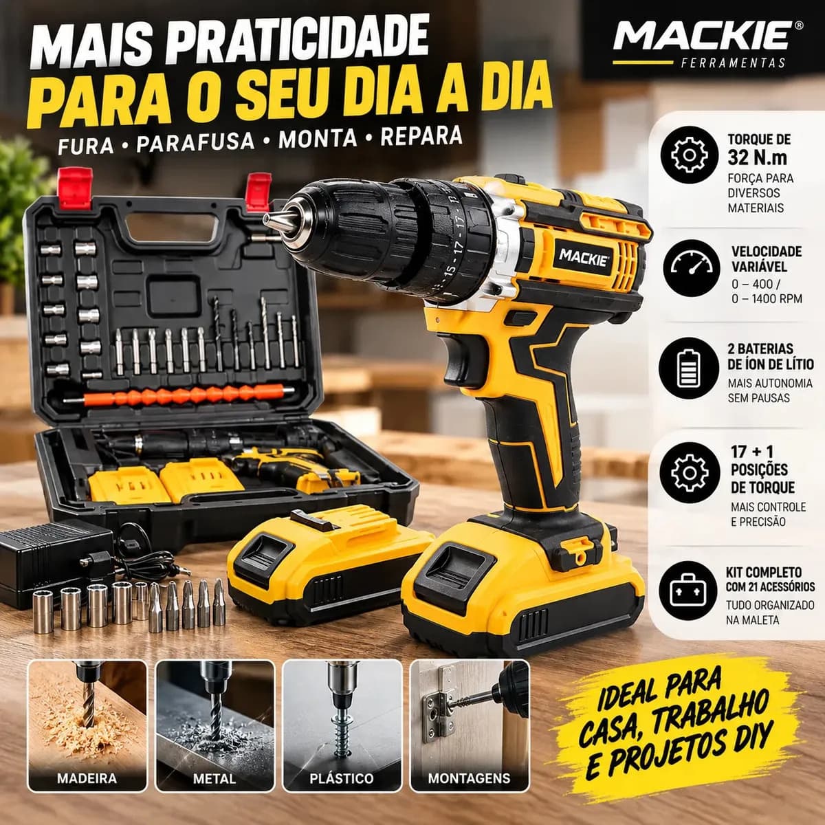 Furadeira Parafusadeira de Impacto Sem Fio Com 2 Baterias Recarregável e Maleta De Acessórios Multifuncional Com Luz De Led Uso Profissional E Doméstico Mackie  — imagem 6
