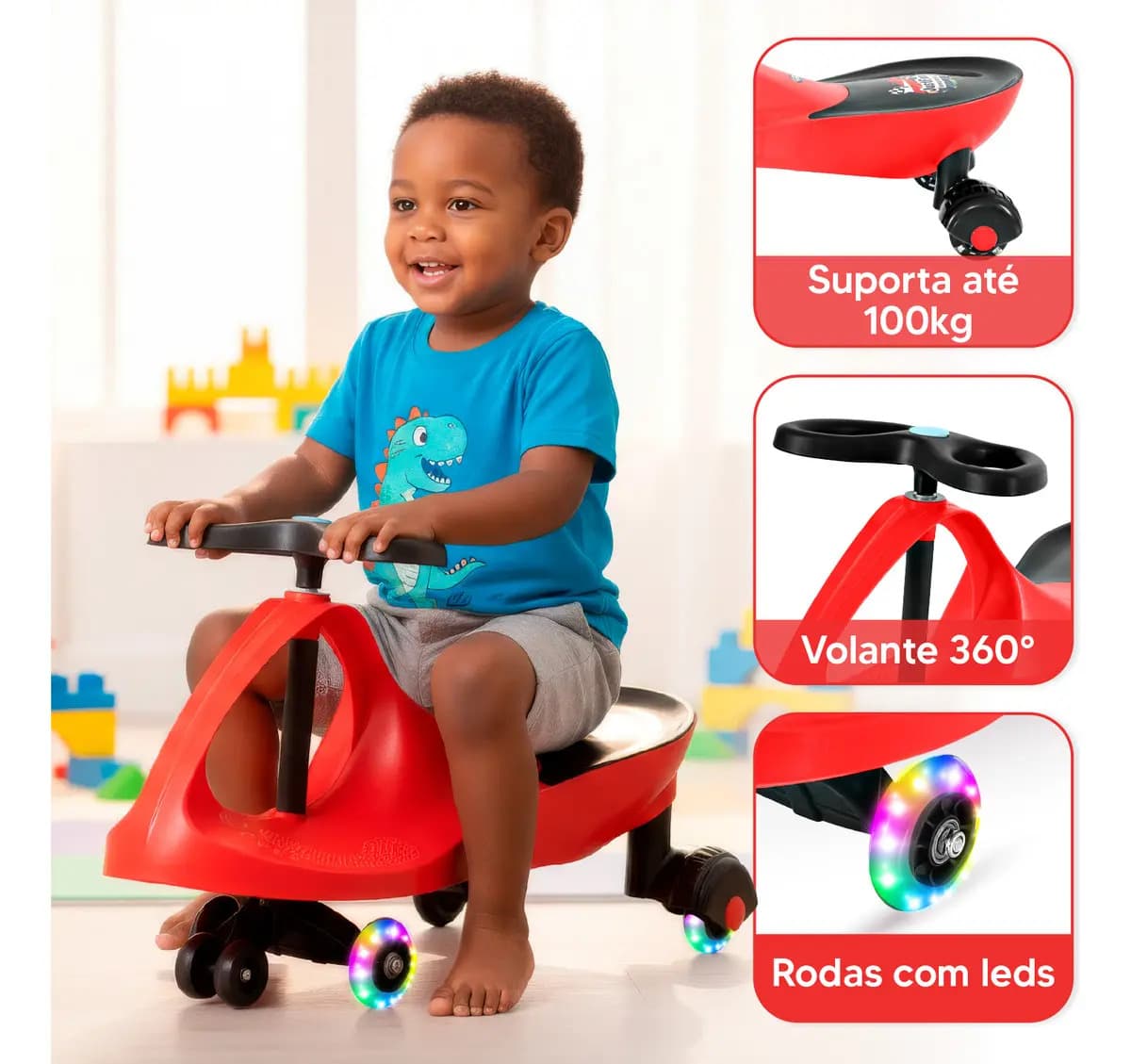 Carrinho Rolimã Car Drift Infantil Volante Gira 360° Triciclo Com Roda Led Colorido Cor Vermelho Justfun Brinquedos — imagem 6