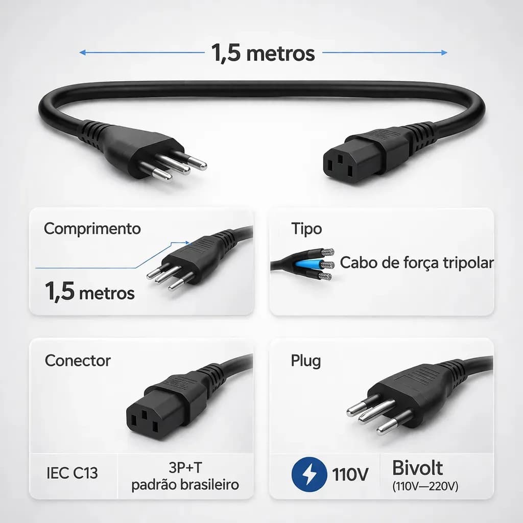 Cabo De Força Energia Tripolar IEC C13 Para Pc Monitor Impressora 1,5m Metros Padrão Brasileiro Bivolt 110v 220v Computador Reforçado Alta Durabilidade Compatív — imagem 5