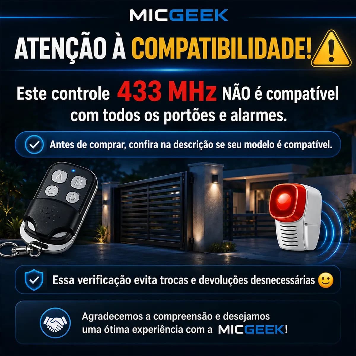 Kit 3 Controle Remoto Universal 4 Botões Para Portão Eletrônico Automatico Alarme Cerca Elétrica 433mhz Micgeek — imagem 3