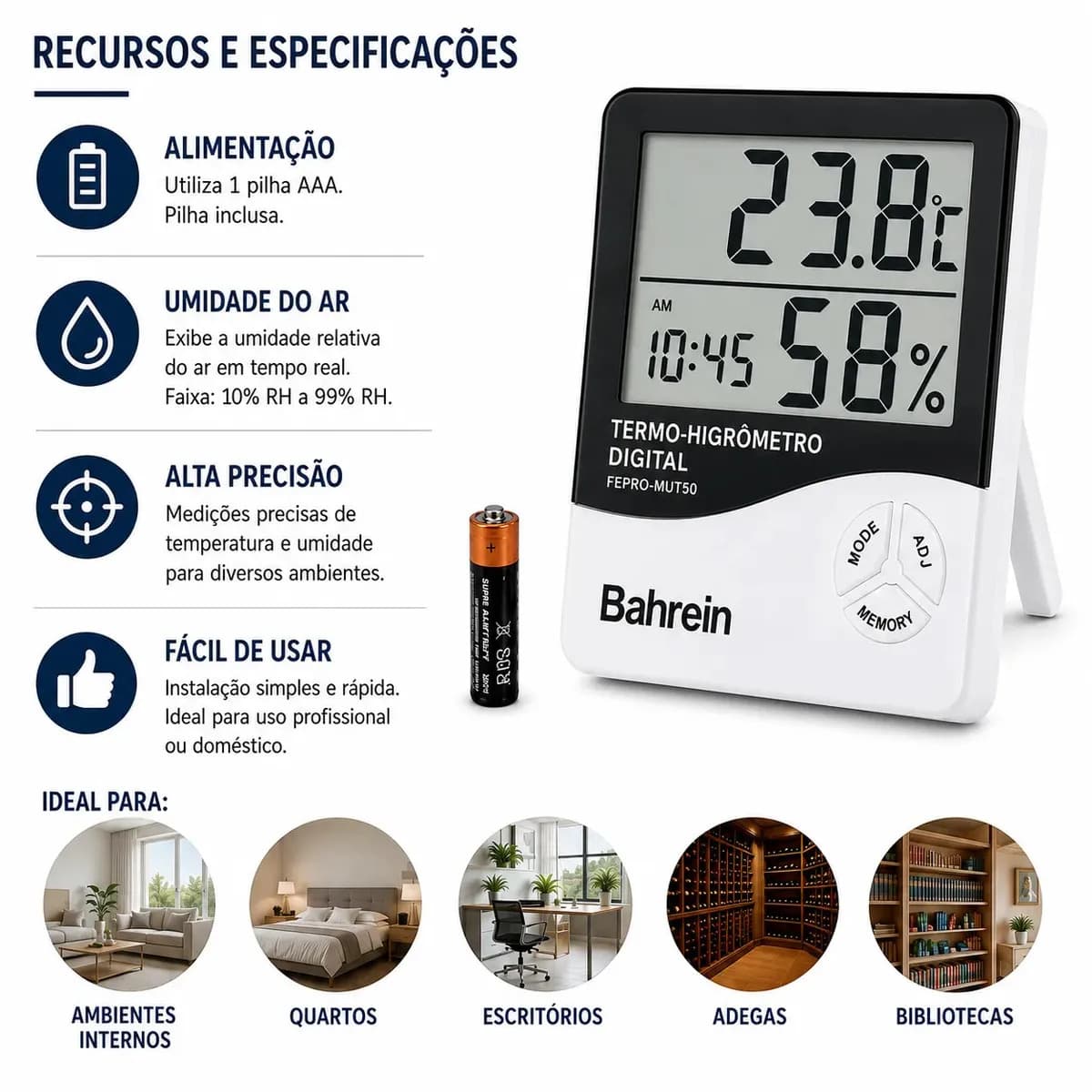 Termo Higrômetro Digital Bahrein para Medir Temperatura e Umidade com Relógio — imagem 3