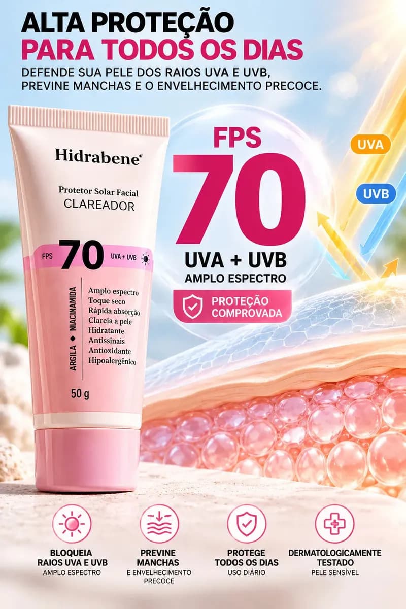 Hidrabene Protetor facial Solar FPS 70 Toque Seco Antissinais Clareia a pele 50g — imagem 2
