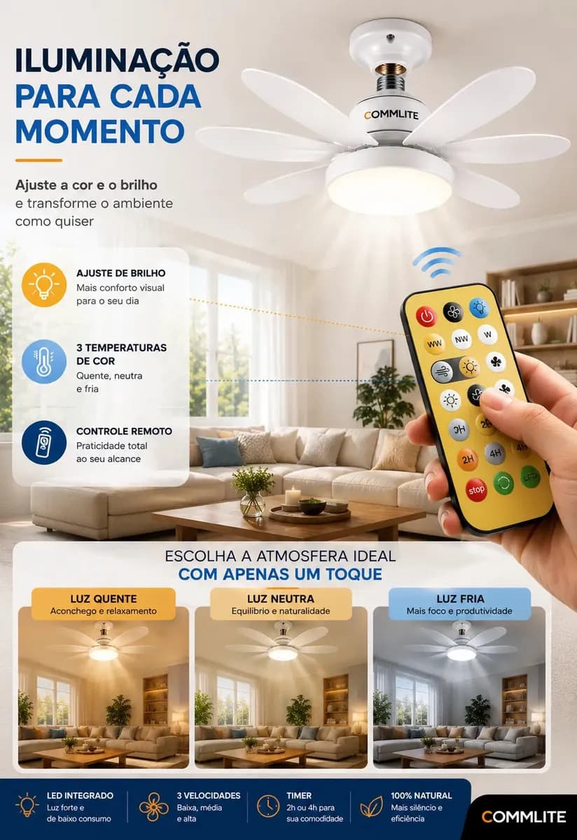 Ventilador de Teto 60W Silencioso Lâmpada Forte com LED, Controle e 6 Pás Soquete E27 Para Residencial Comercial Interno Externo Quarto Sala Cozinha Escritório  — imagem 3