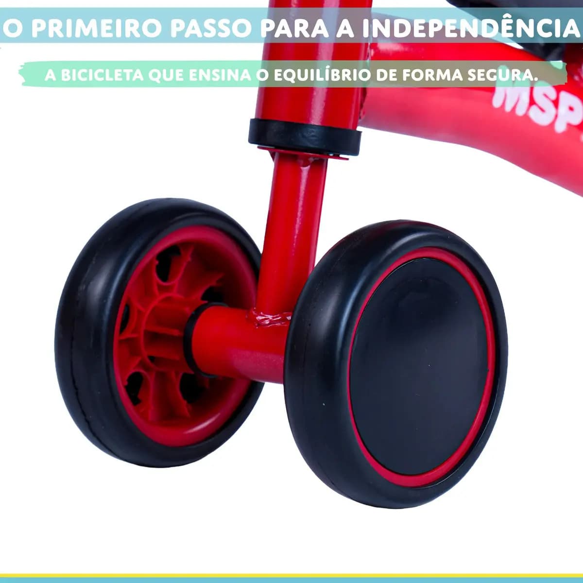 Bicicleta Bebê 4 Rodas Sem Pedal MSP Kids Vermelha, Bicicleta de Equilíbrio Infantil com 4 Rodas Largas, Estrutura em Aço Carbono, Manoplas Antiderrapantes e Gu — imagem 4