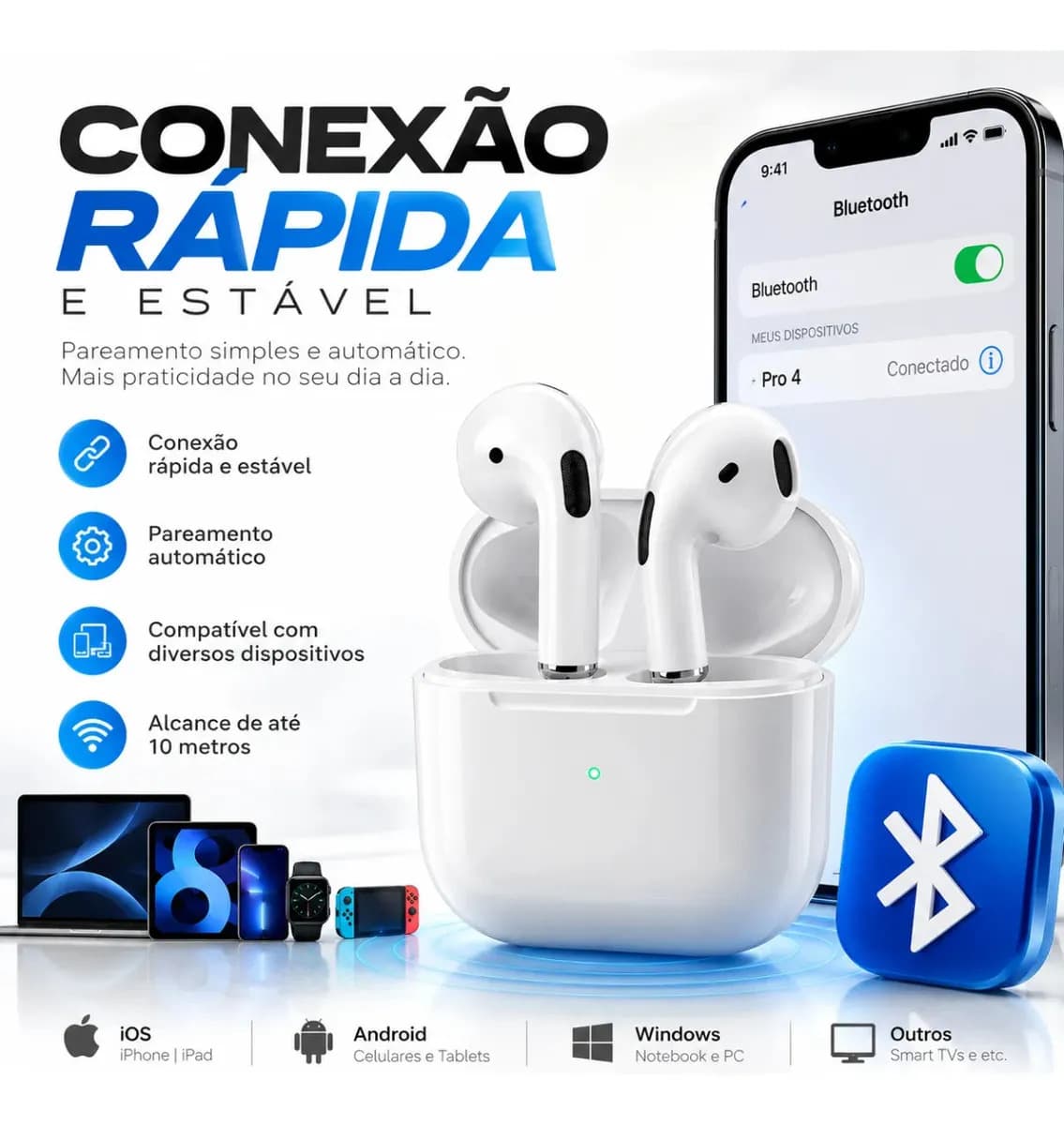 Fone De Ouvido Bluetooth Bateria de Longa Duração Pro 4 Branco Conecta Rápido Fast Plug Com Case Carregador E Microfone — imagem 6