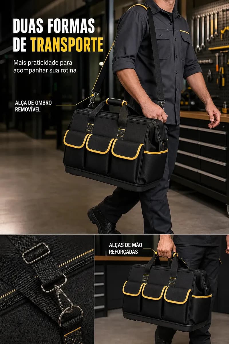 Bolsa Maleta de Ferramentas 14 Pol Grande e Reforçada 16 Bolsos, 8 Internos e 8 Externos, Base Rígida e Alça Removível para Eletricista e Profissionais Preto e  — imagem 5