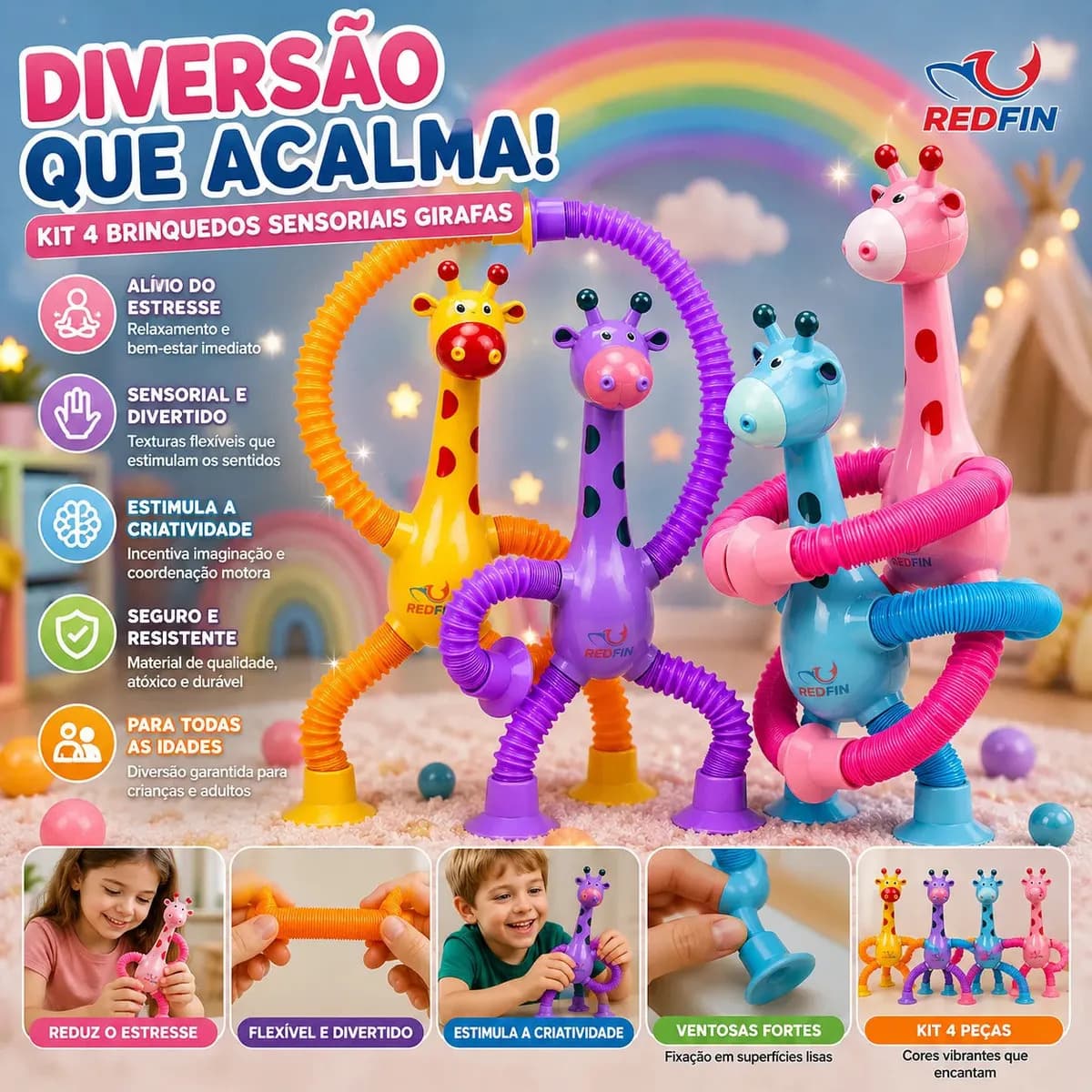 Kit 4 Girafas Sensoriais Anti Stress Pop Tube Brinquedo Sensorial Infantil Flexível Com Ventosa Alívio Estresse Ansiedade Autismo TDAH Montessori Meninos Menina