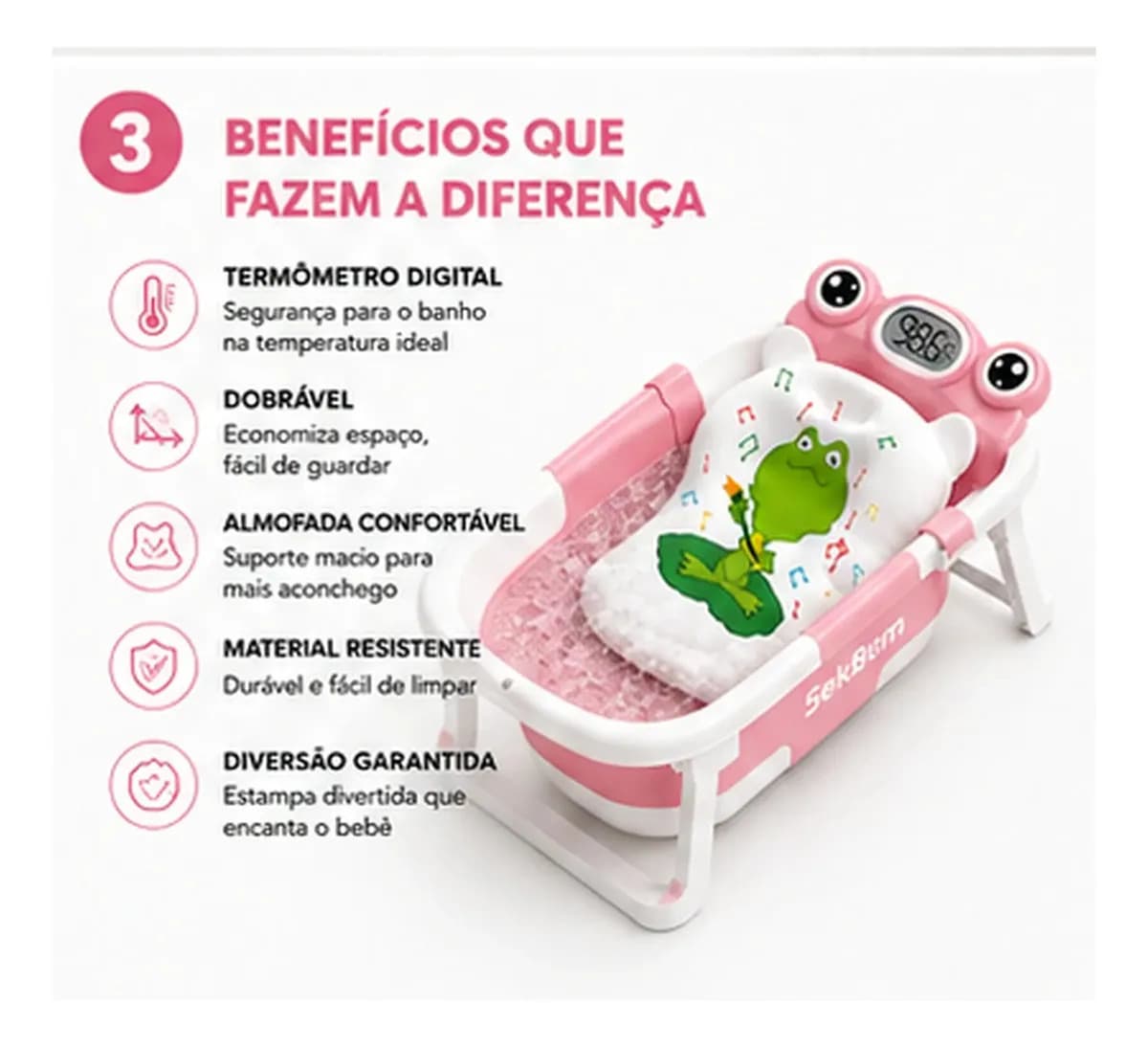 Banheira Bebê Dobrável Flexível Com Termômetro E Almofada de Banho Cor Rosa — imagem 3