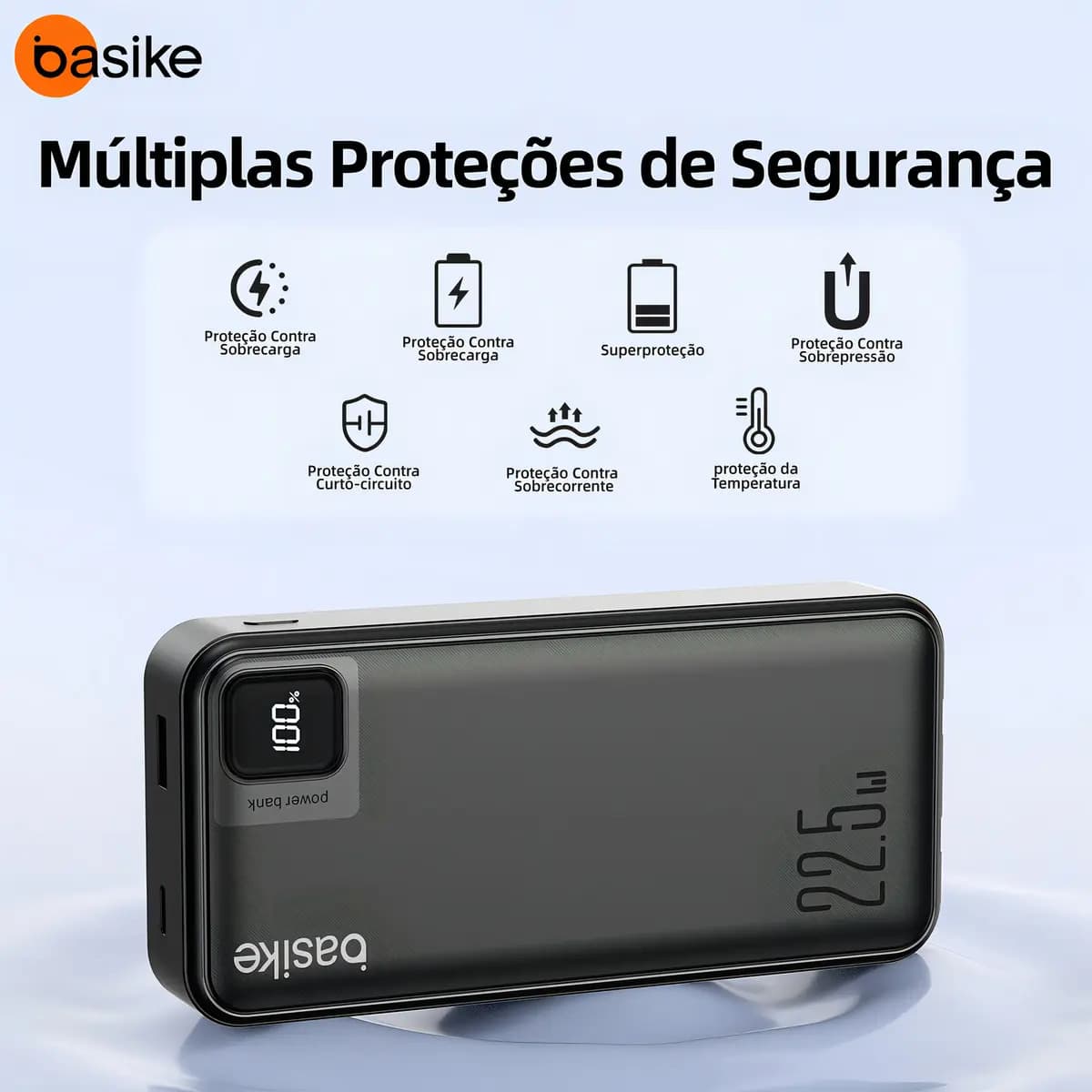 Power Bank Basike 20000mAh Preto, Carga Rápida 22.5W para iPhone e Samsung, Com Cabos Embutidos e Display — imagem 3