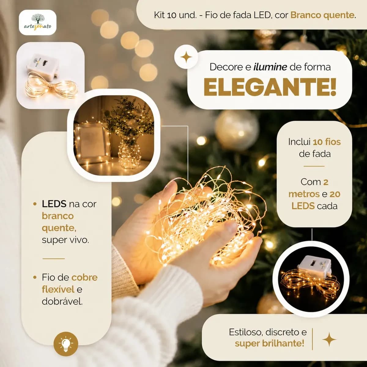Kit 10 Fio Fada Cordão Luz Decoração Artezenato Luzes De Fada Led Pisca 2m 20 Leds Iluminação Pilhas Para Garrafas Árvore De Natal Casamento — imagem 2