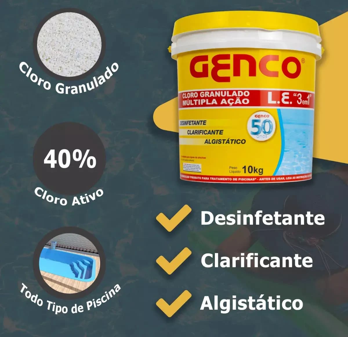 Cloro para Piscina Genco Multipla Ação 3 em 1 Balde 10kg — imagem 5