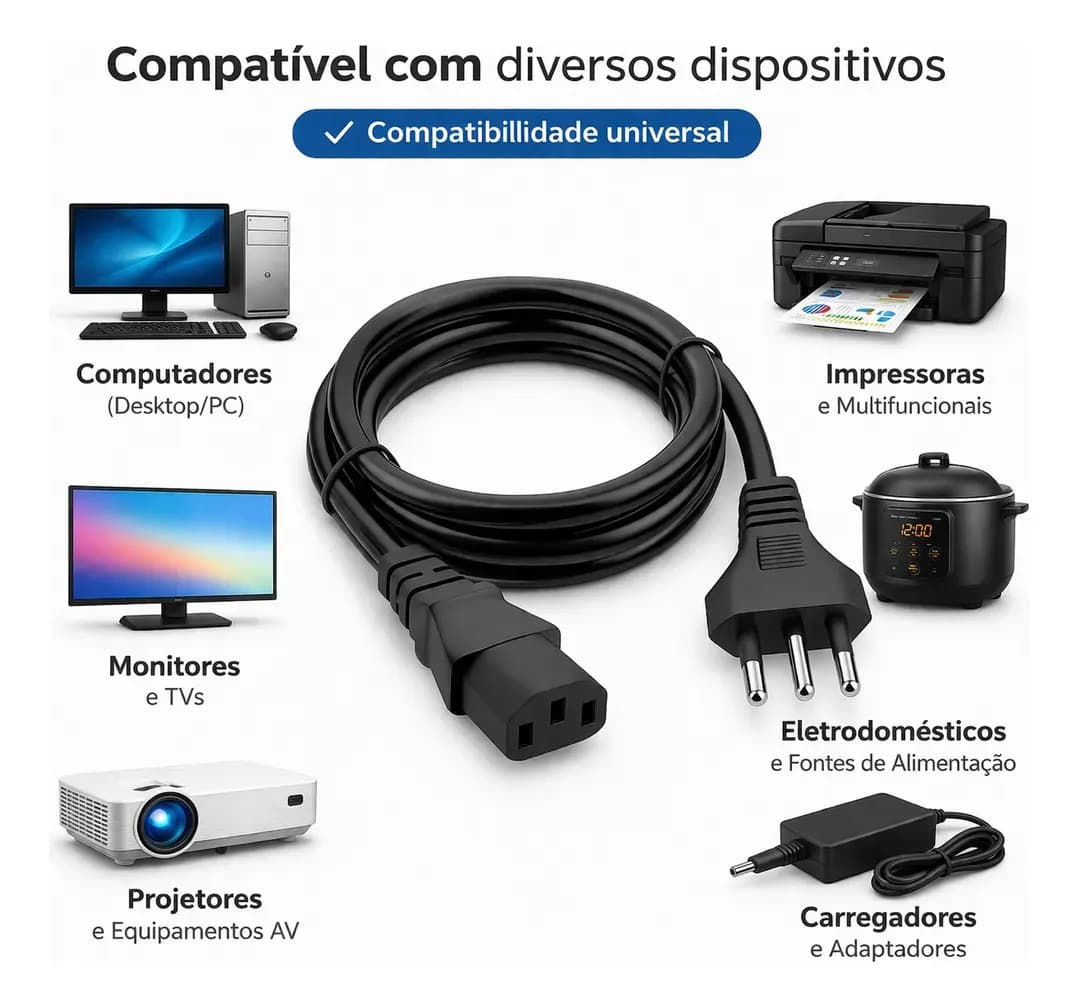 Cabo De Força Energia Tripolar IEC C13 Para Pc Monitor Impressora 1,5m Metros Padrão Brasileiro Bivolt 110v 220v Computador Reforçado Alta Durabilidade Compatív — imagem 6