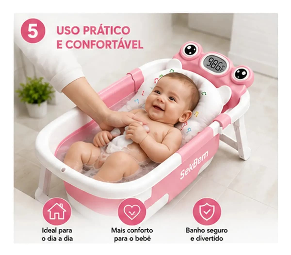 Banheira Bebê Dobrável Flexível Com Termômetro E Almofada de Banho Cor Rosa — imagem 5