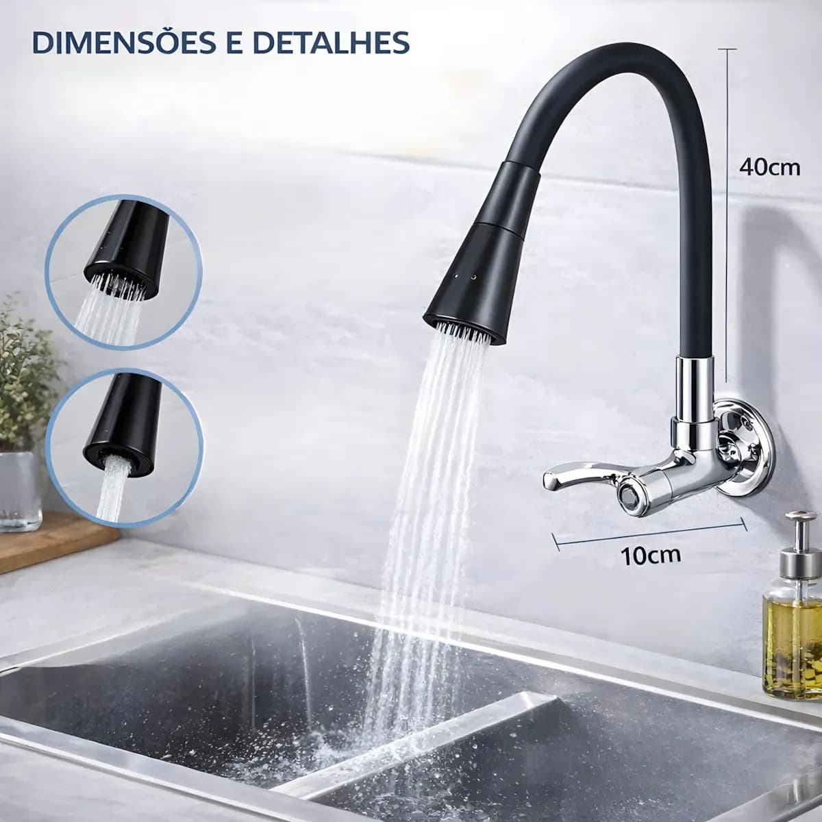 Torneira Gourmet Para Cozinha 2 Jatos Bica Móvel Parede Preta Flexível Jato Cone — imagem 3