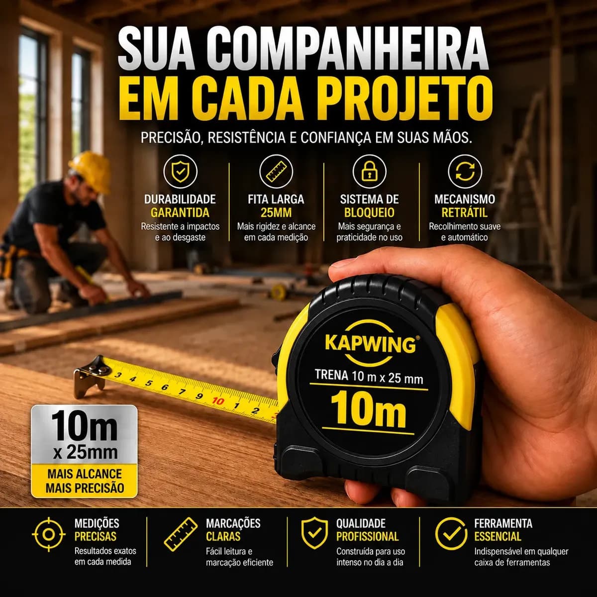 Trena Profissional 10 Metros 25mm Emborrachada Reforçada Fita de Aço Com Trava Manual Medição — imagem 5