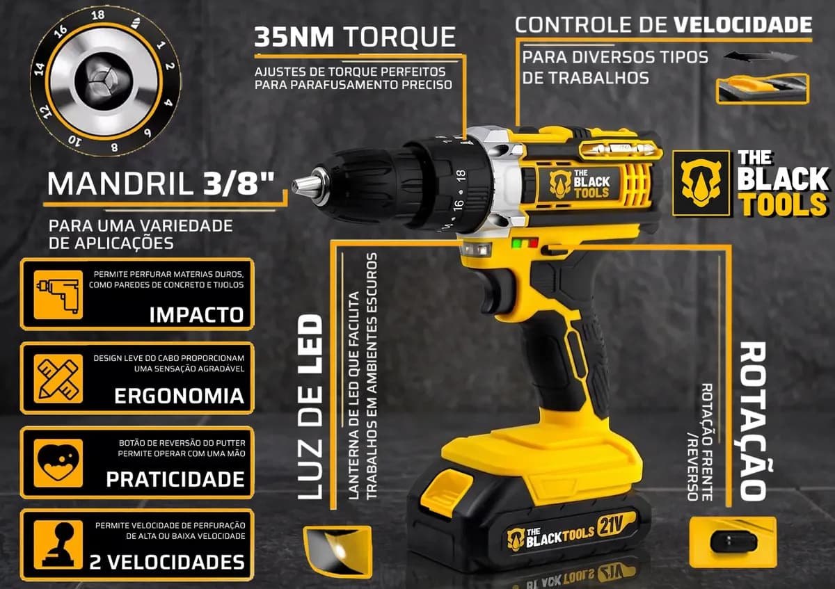Parafusadeira Furadeira De Impacto The Black Tools Profissional TB-21PX 2 Baterias Com Maleta 60Hz Amarelo — imagem 3