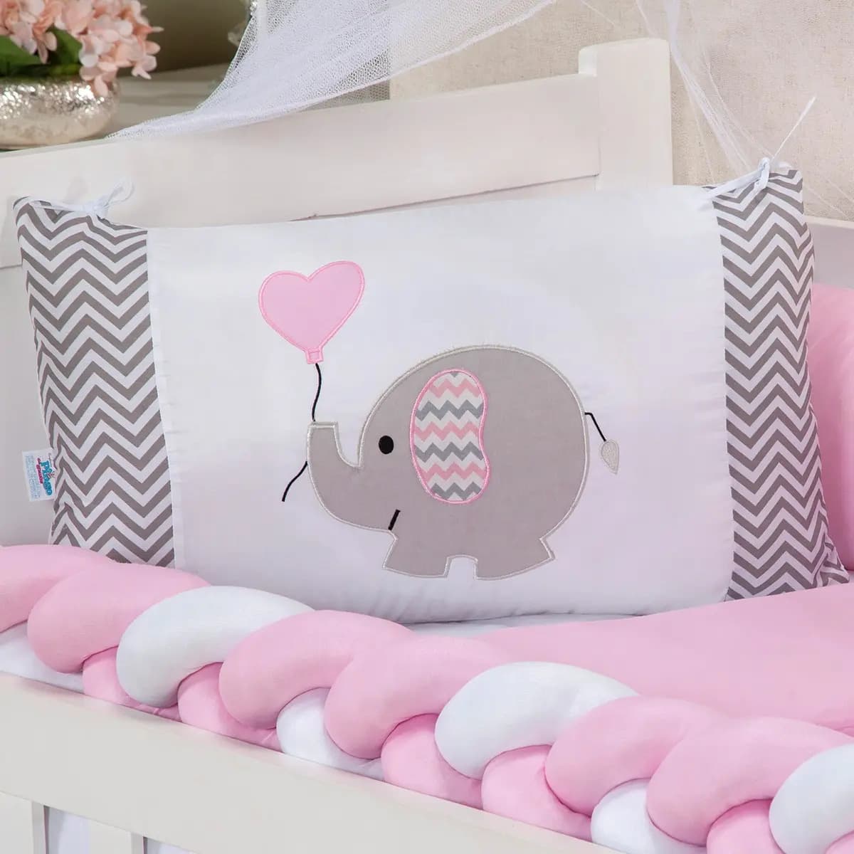 Kit Berço Menina Menino Protetor Trança Com Saia 6 Peças Cor Elefantinho Rosa — imagem 3