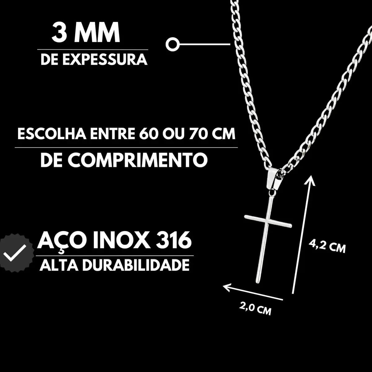 Corrente Cordão Masculino Grumet Aço Inox Cruz Crucifixo Colar Correntinha Masculina Para Presente Cor Prata Prateado 70cm — imagem 6