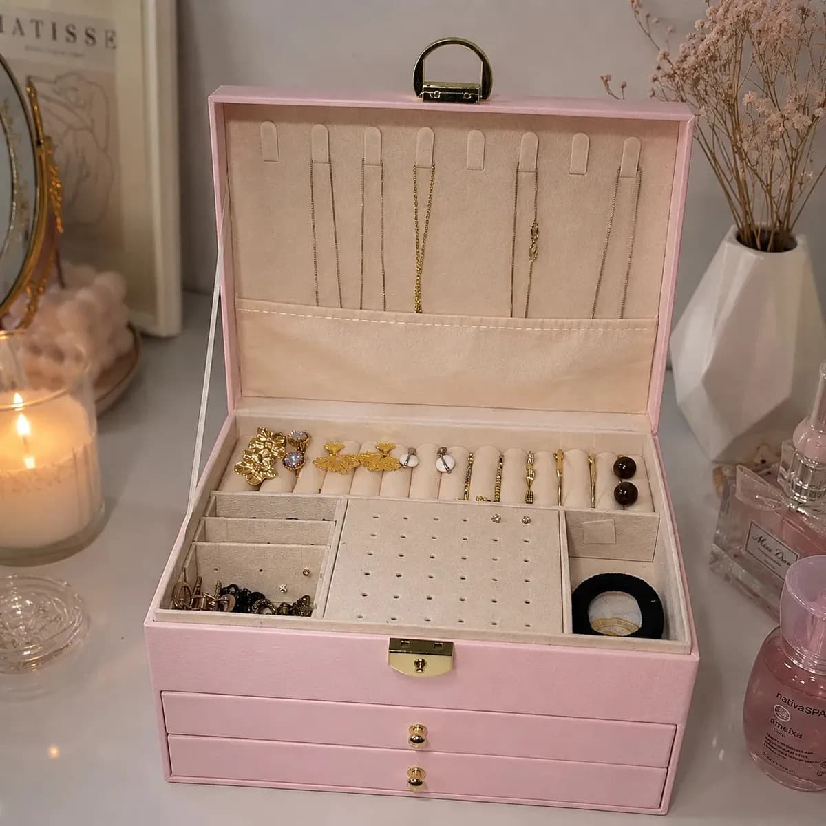 Porta Joias Luxo 3 Andares Com Chave Organizador maleta Anéis Brincos Colares Pulseiras Eps-8240 Cor Rosa — imagem 6