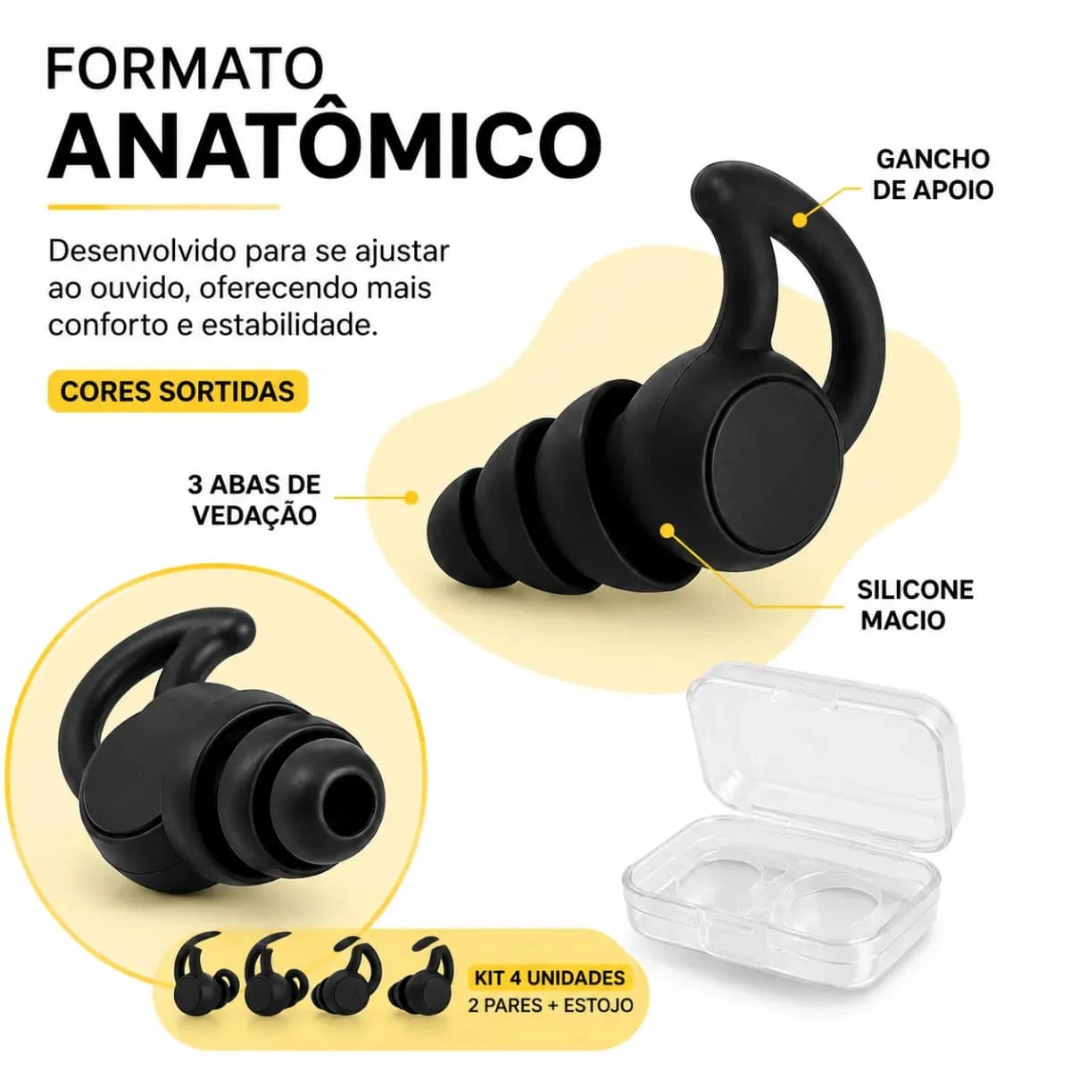 Kit 2 Pares Protetor Auricular Protetor de Ouvido Tampão Silicone Para Dormir Natação Ronco Estudar Trabalhar Viajar Lavável Reutilizável com Estojo BRY Macio A — imagem 5