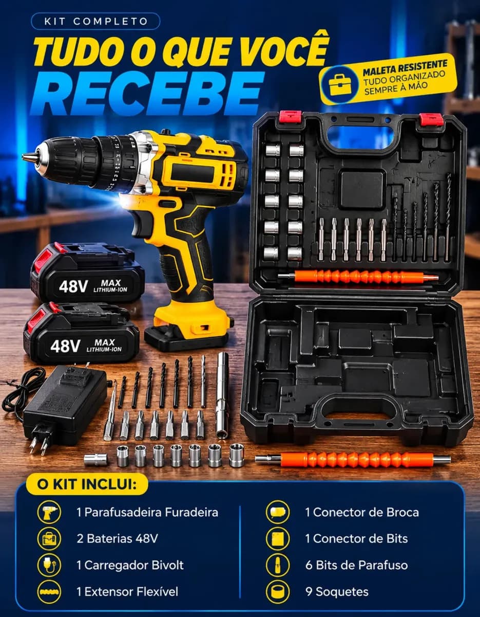 Parafusadeira Furadeira C/ 2 Baterias Maleta Kit Completo Led Eixo Flexível Vários Níveis Torque Simake — imagem 2