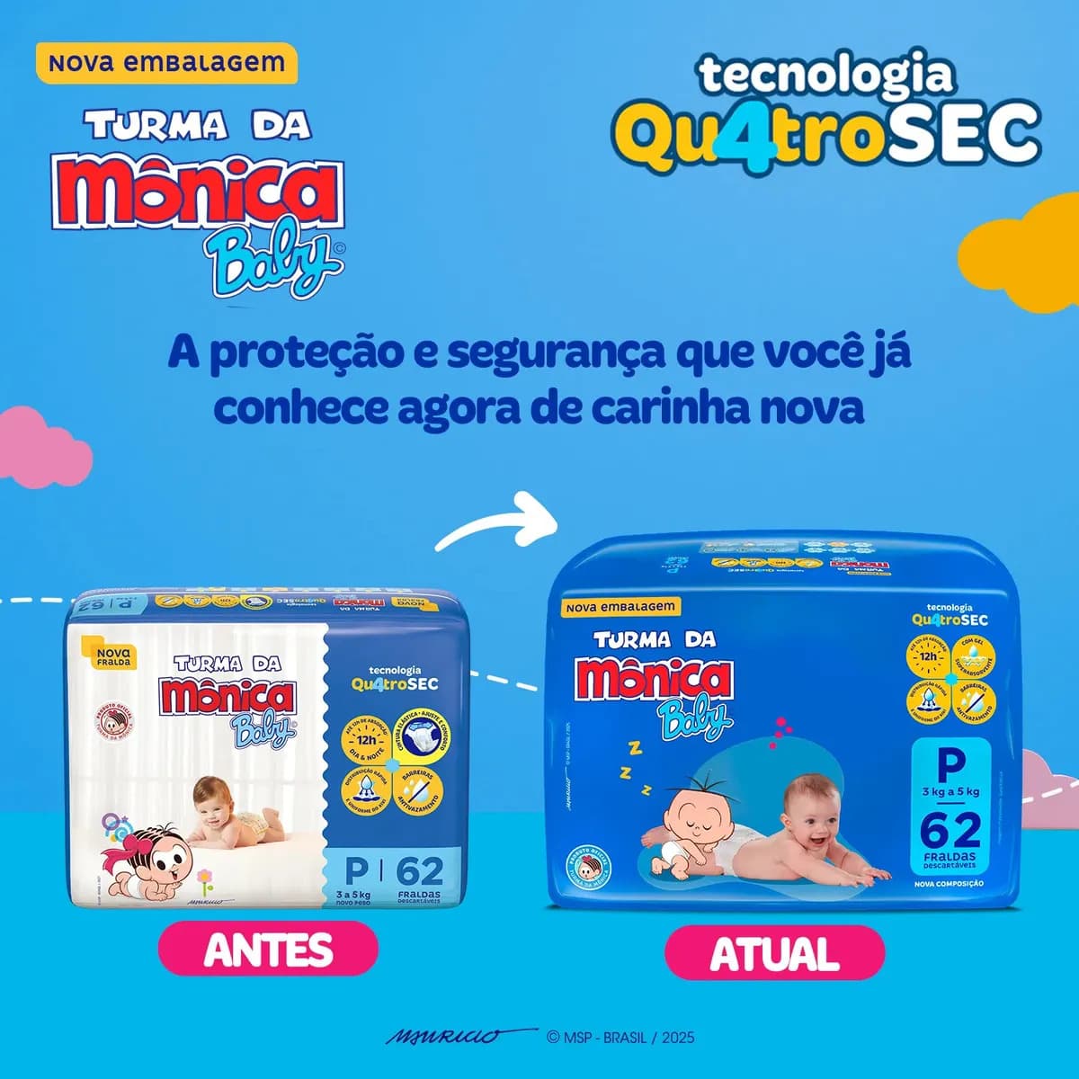 Fraldas Descartáveis Baby Qu4troSec Com 62 Unidades Tamanho P Turma da Mônica — imagem 3