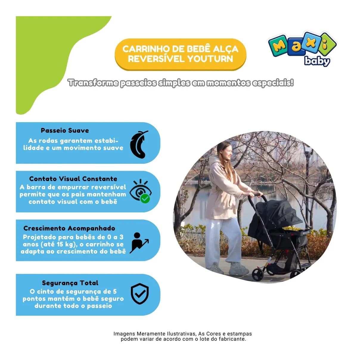 Carrinho de Bebê Maxi Baby Youturn Cinza Alça Reversível Dobrável Compacto até 15kg Recém-Nascido a 3 Anos Cinto 5 Pontos Capota Retrátil Bandeja Removível 4 Ro — imagem 5