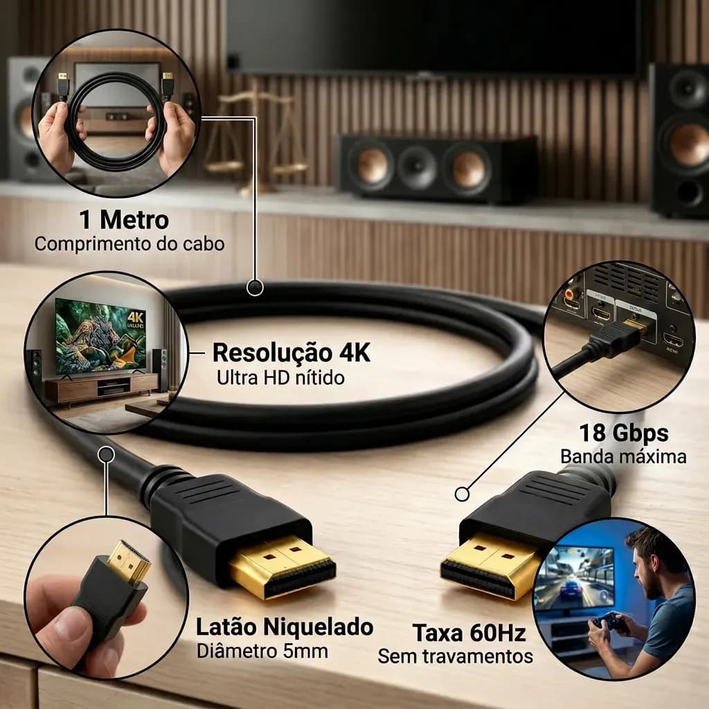 Cabo Hdmi 1m 2.0 4k Ultra Hd 18gbps 60hz Alta Velocidade Áudio E Vídeo Hdr Compatível Com Tv Box Monitor Notebook Pc Projetor Video Game Conector Revestido Blin — imagem 2