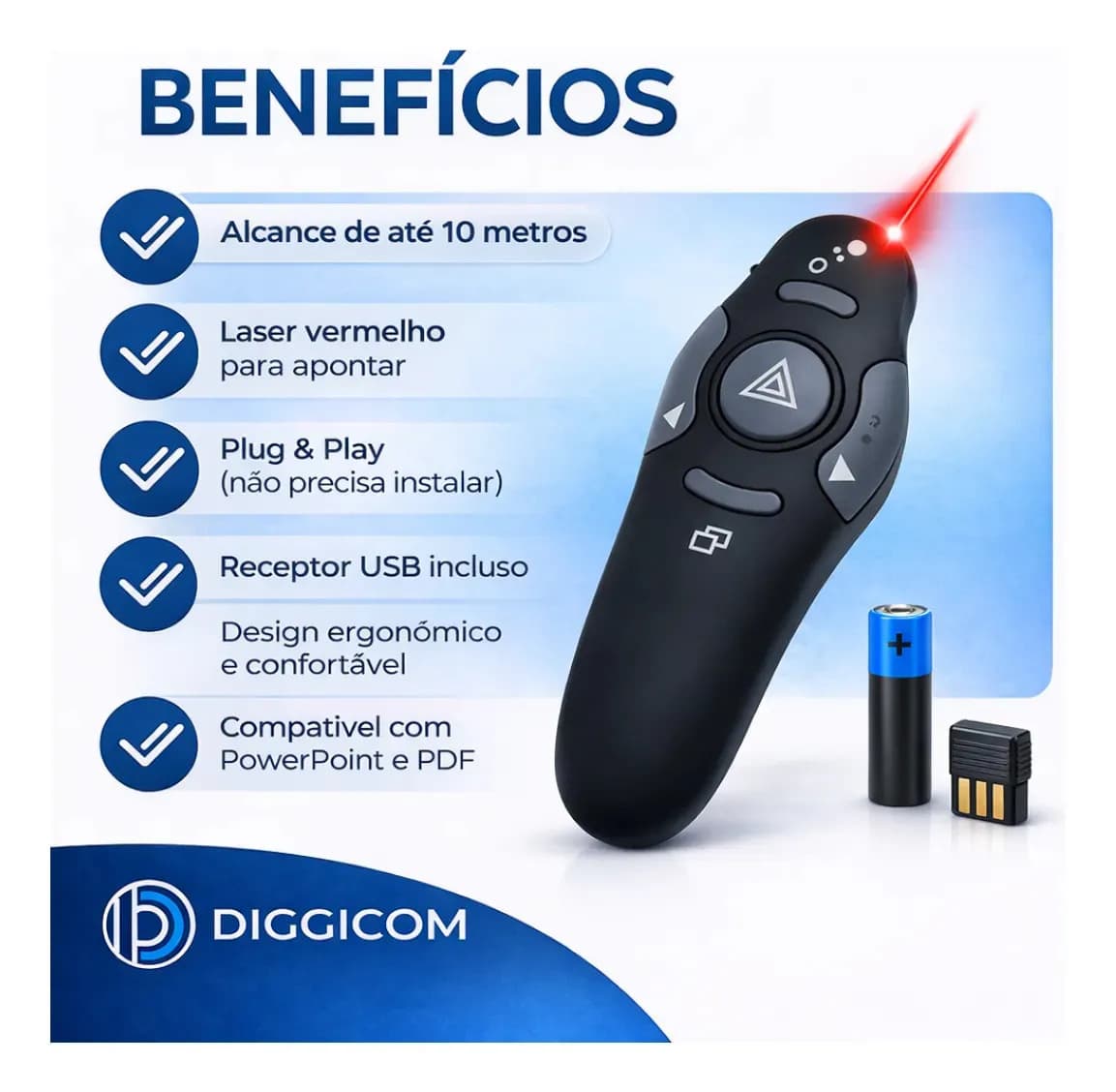 Apresentador Controle Passador Slide Caneta Laser Profissional Sem Fio Preto Mouse Multimidia Wireless Usb Para Palestras Aulas Reuniões Apresentações Usb - Dig — imagem 2
