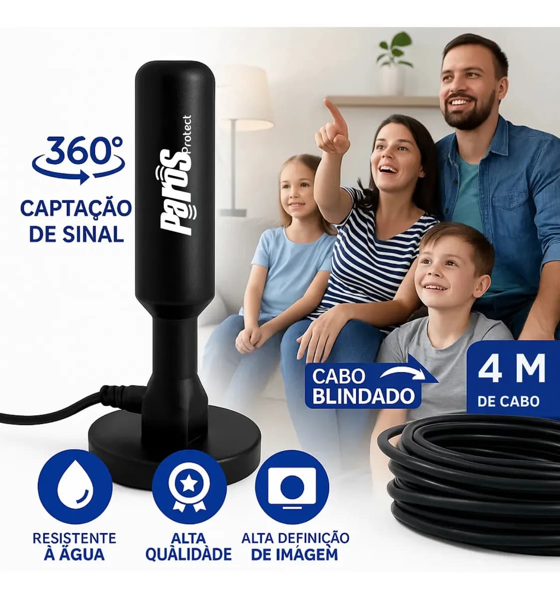 Antena Digital Interna Externa HDTV UHF Cabo Com Cabo Longo De 4 Metros Com Base Magnética Parosprotect — imagem 3