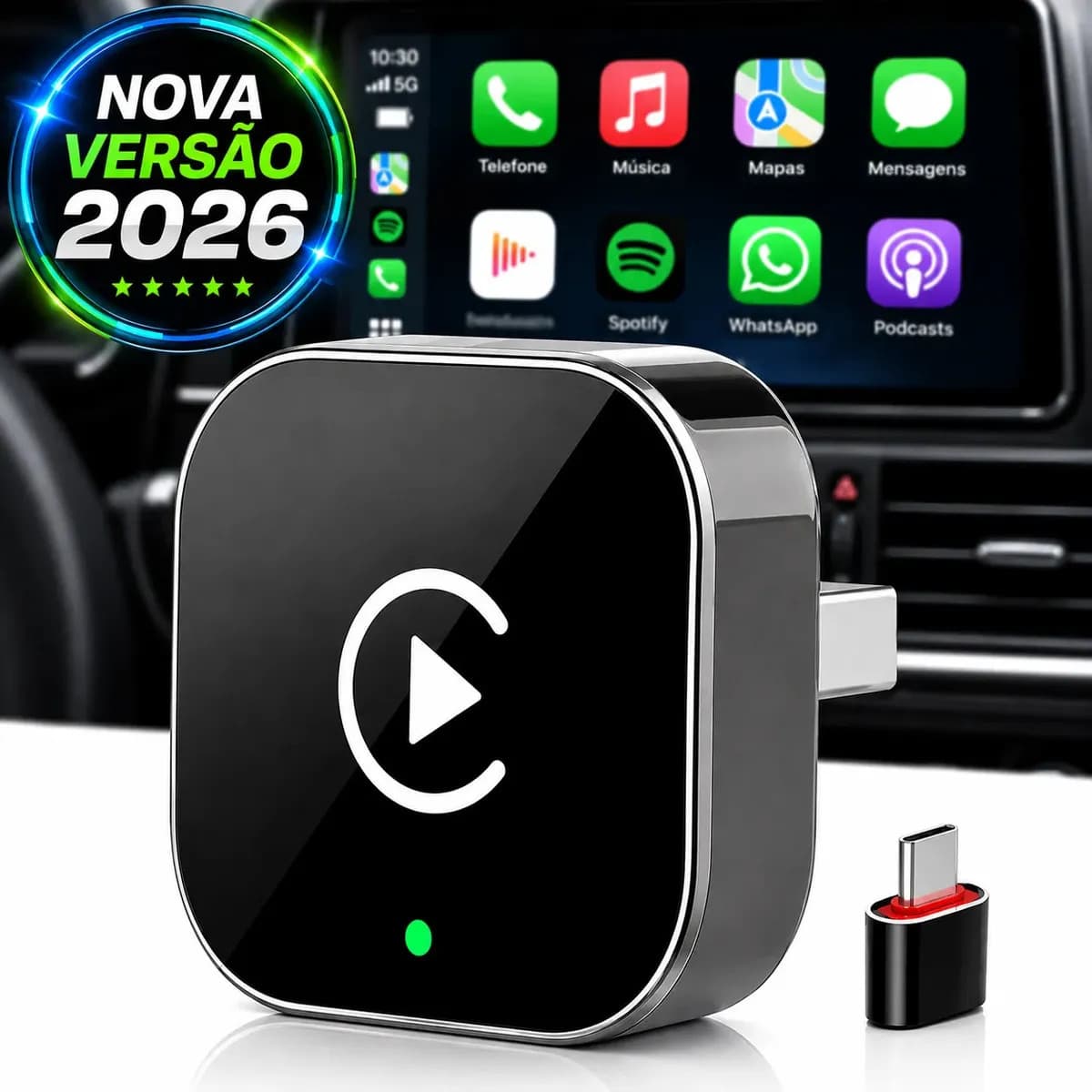 Adaptador CarPlay e Android Auto Sem Fio para Multimídia Landara 2 em 1 Com Bluetooth USB