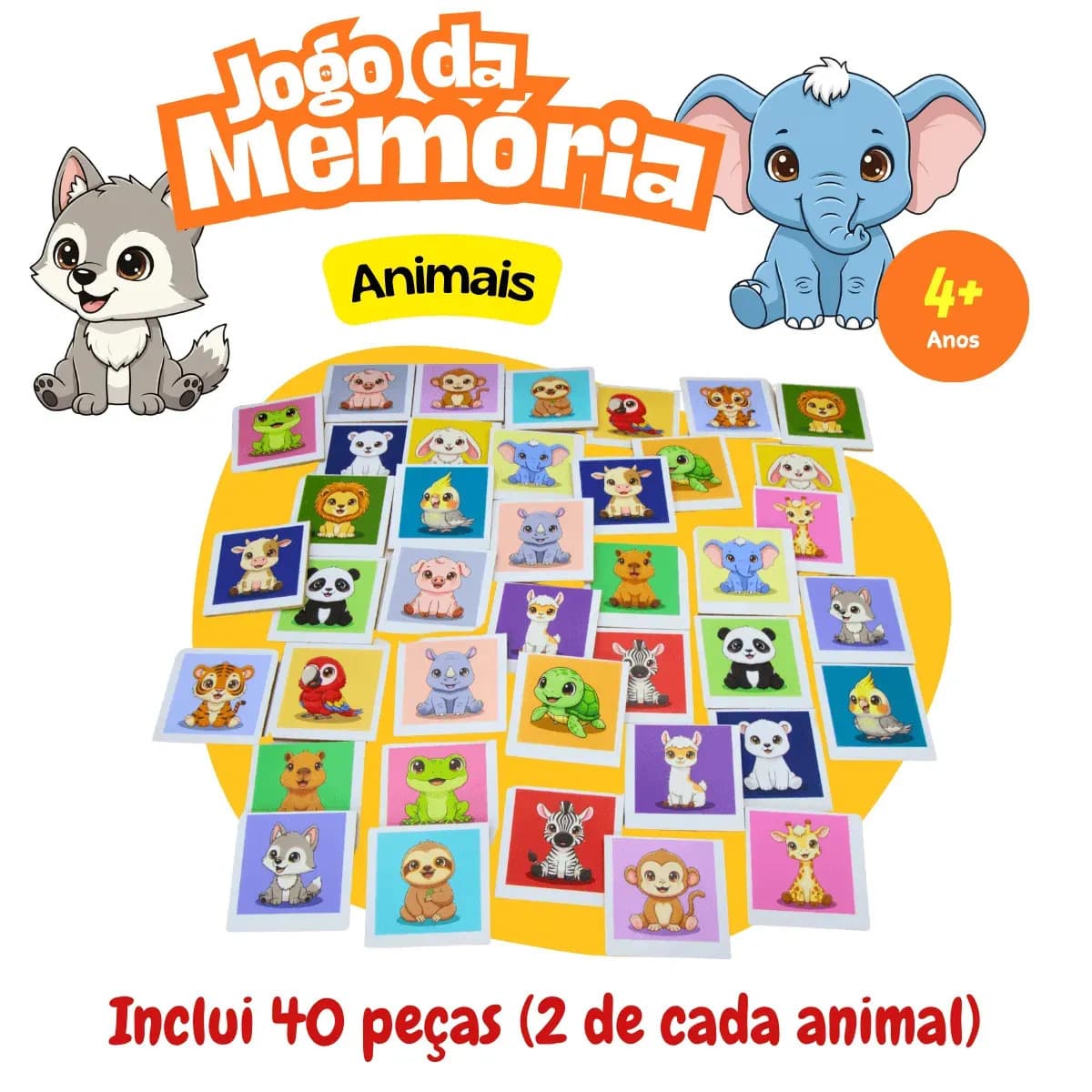 Jogo Da Memória Animais 40 Peças Brinquedo Educativo Infantil Em Madeira Mdf — imagem 2